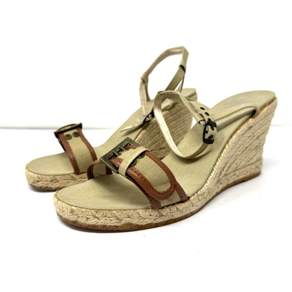 Tan fabric espadrilles wedge sandals, made in Spain, size 8 - Picture 5 of 12
